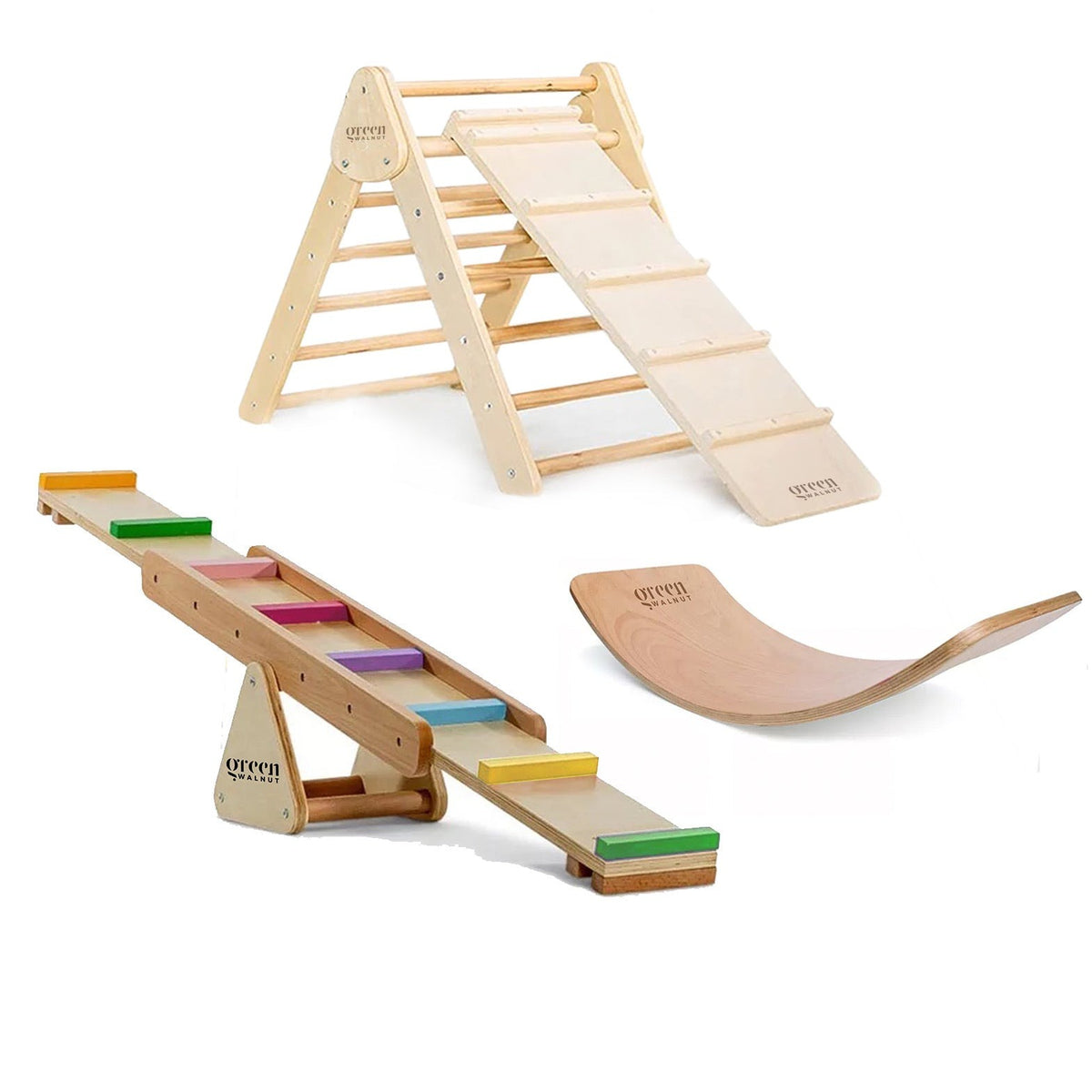 Set Of 3 Wooden Pikler Triangle With Slide/Ramp | Wooden Balance Board ...