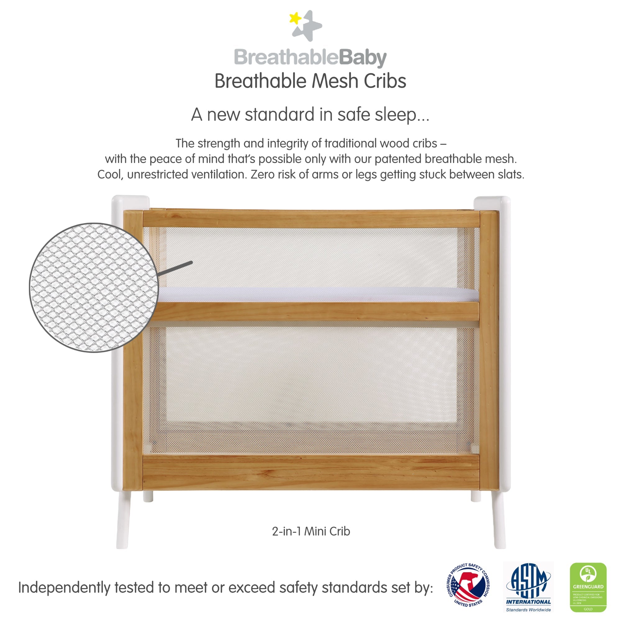 Breathable™ Mesh 2-in-1 Mini Crib — Beech & White — Greenguard