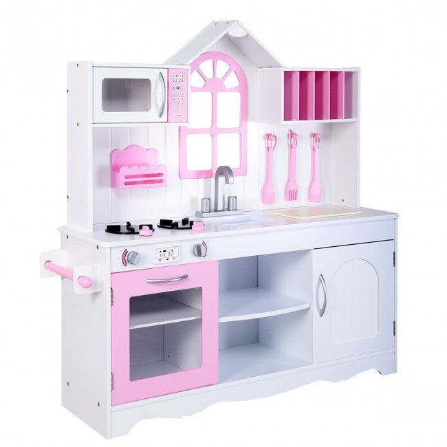 Costway 2-in-1 Double Sided Kids Toy Tools Kitchen Playset & Dollhouse W/  Accessories & Furniture : Target